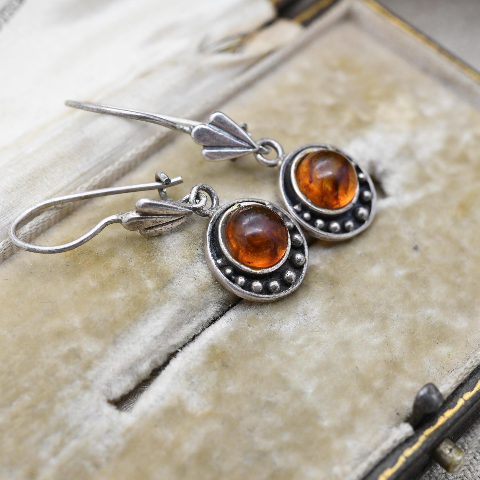 Vintage Sterling Silver and Amber Drop Earrings - Orange Gemstone with Beaded Edge | Baltic Amber | Minimal Dangle Earrings | Gift for Her