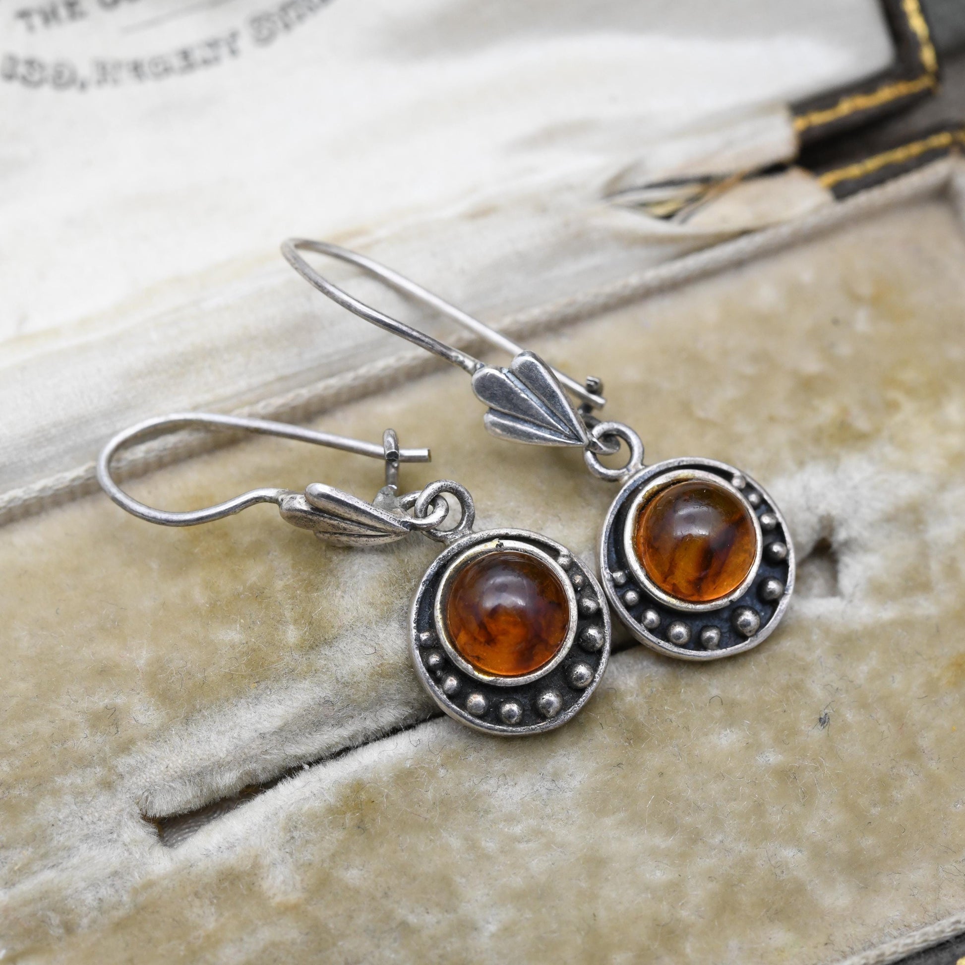 Vintage Sterling Silver and Amber Drop Earrings - Orange Gemstone with Beaded Edge | Baltic Amber | Minimal Dangle Earrings | Gift for Her