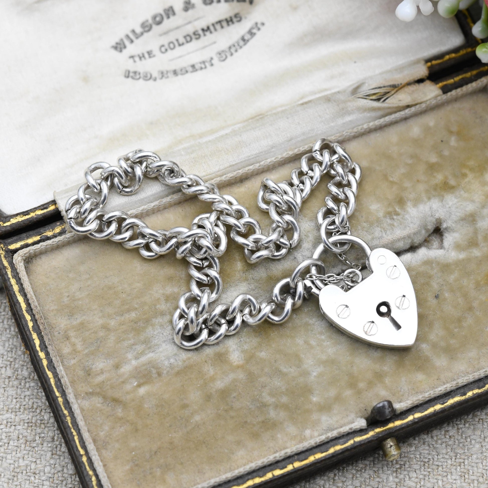 Vintage Sterling Silver Heart Padlock Clasp Chain Bracelet - Cute Curb Links with Safety Chain | Charm Bracelet | Gift for Her