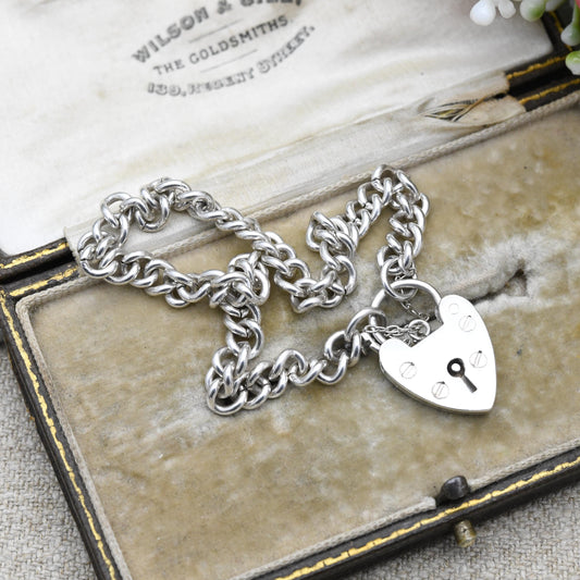 Vintage Sterling Silver Heart Padlock Clasp Chain Bracelet - Cute Curb Links with Safety Chain | Charm Bracelet | Gift for Her