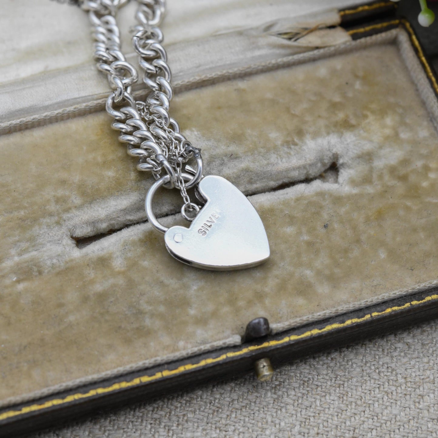 Vintage Sterling Silver Heart Padlock Clasp Chain Bracelet - Cute Curb Links with Safety Chain | Charm Bracelet | Gift for Her