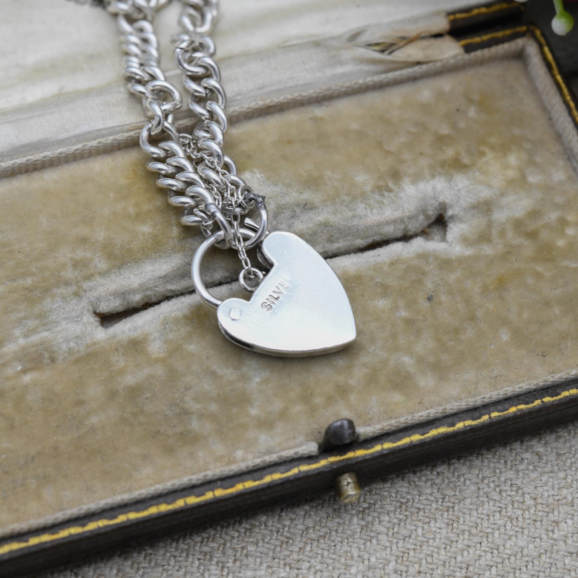 Vintage Sterling Silver Heart Padlock Clasp Chain Bracelet - Cute Curb Links with Safety Chain | Charm Bracelet | Gift for Her