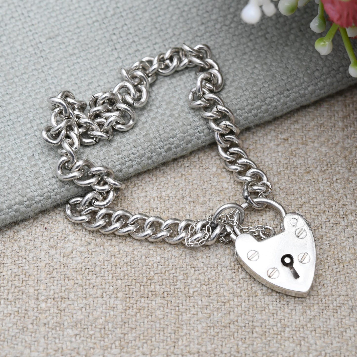 Vintage Sterling Silver Heart Padlock Clasp Chain Bracelet - Cute Curb Links with Safety Chain | Charm Bracelet | Gift for Her