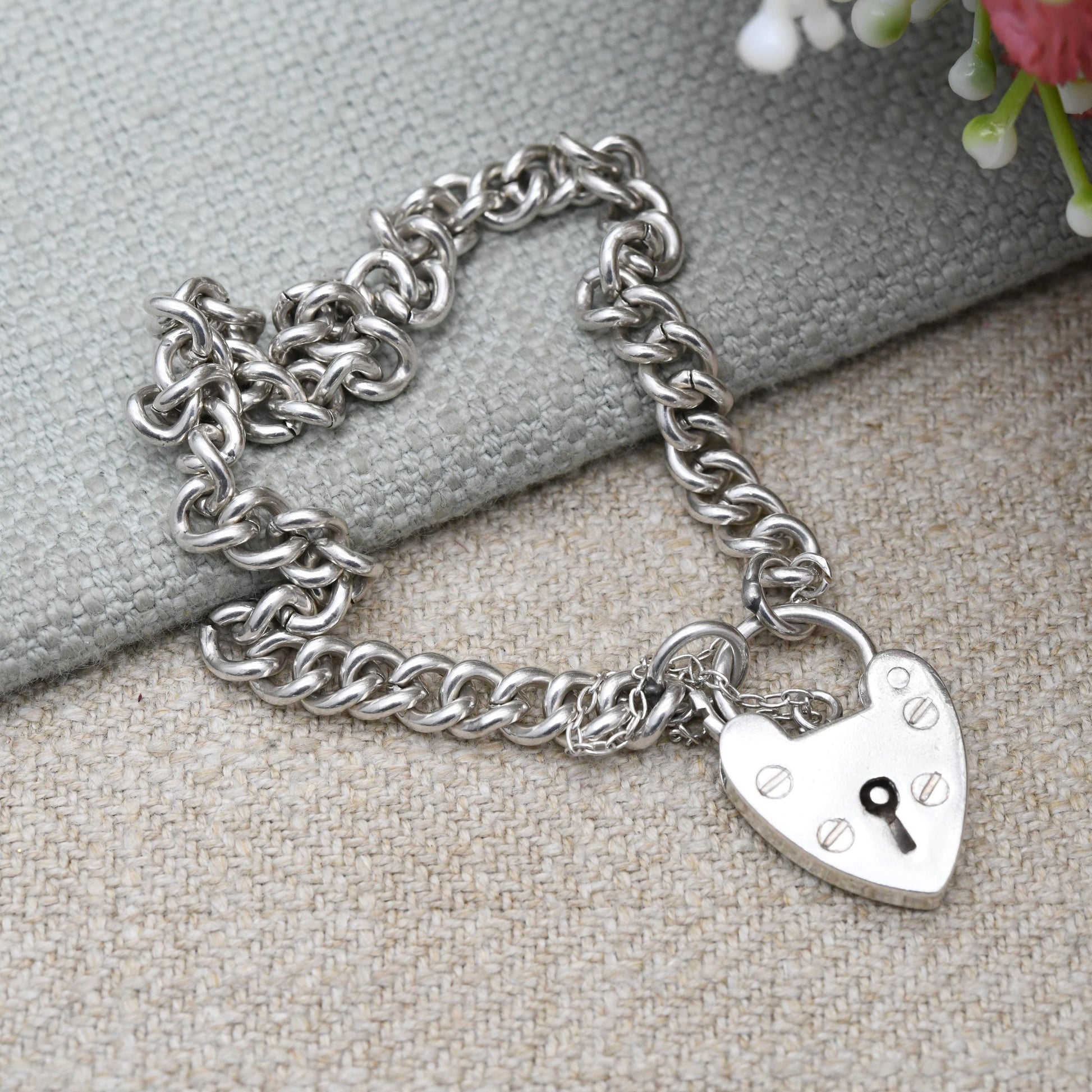 Vintage Sterling Silver Heart Padlock Clasp Chain Bracelet - Cute Curb Links with Safety Chain | Charm Bracelet | Gift for Her