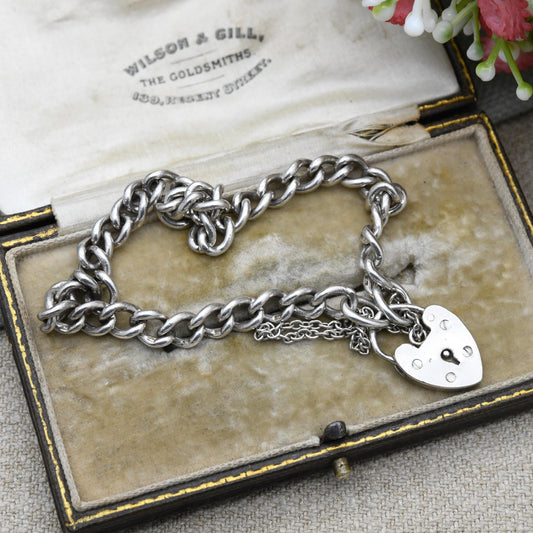 Vintage Sterling Silver Heart Padlock Clasp Chain Bracelet - Chunky Curb Links with Safety Chain | UK Hallmarks