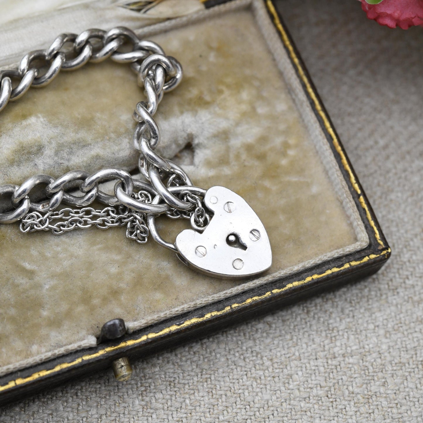 Vintage Sterling Silver Heart Padlock Clasp Chain Bracelet - Chunky Curb Links with Safety Chain | UK Hallmarks