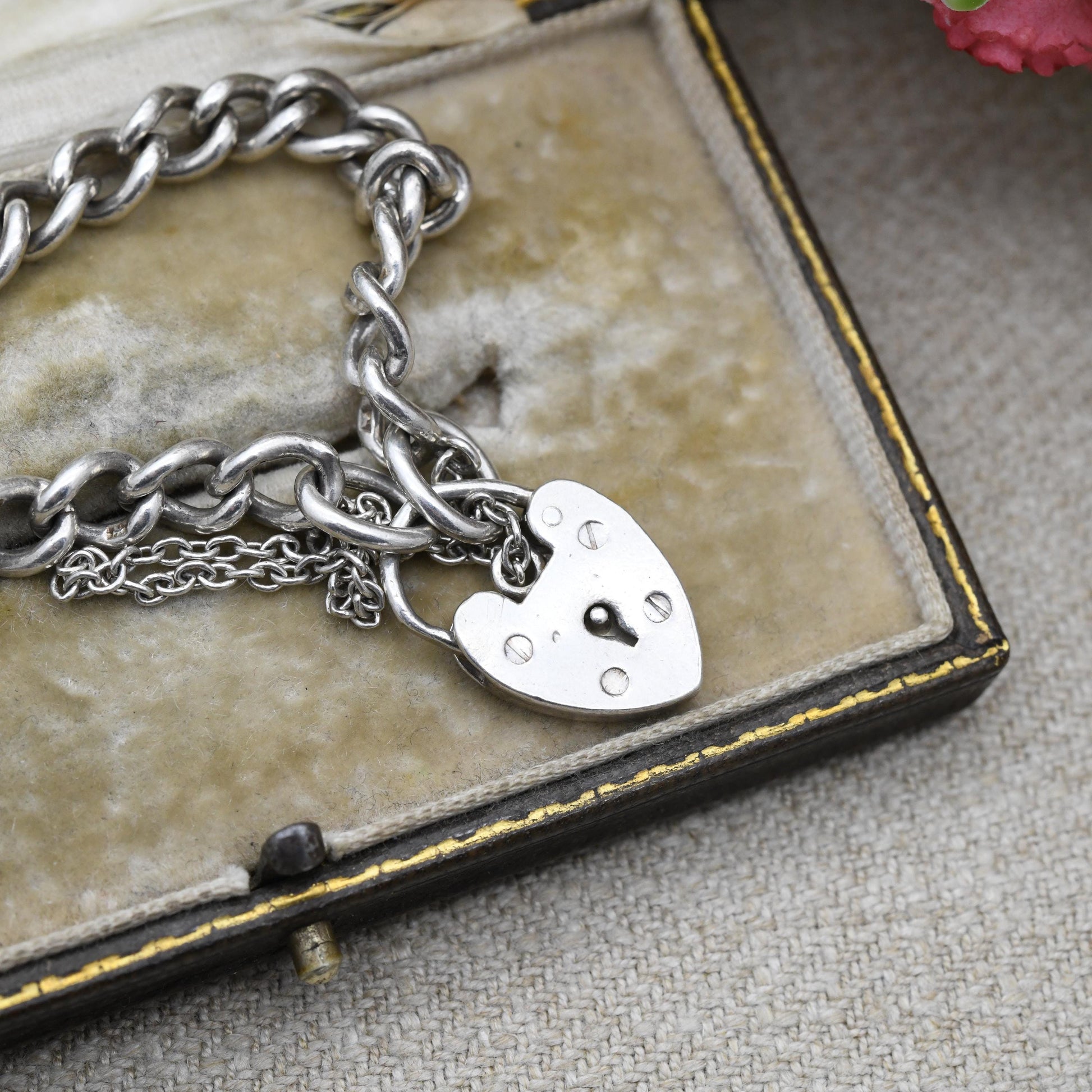 Vintage Sterling Silver Heart Padlock Clasp Chain Bracelet - Chunky Curb Links with Safety Chain | UK Hallmarks