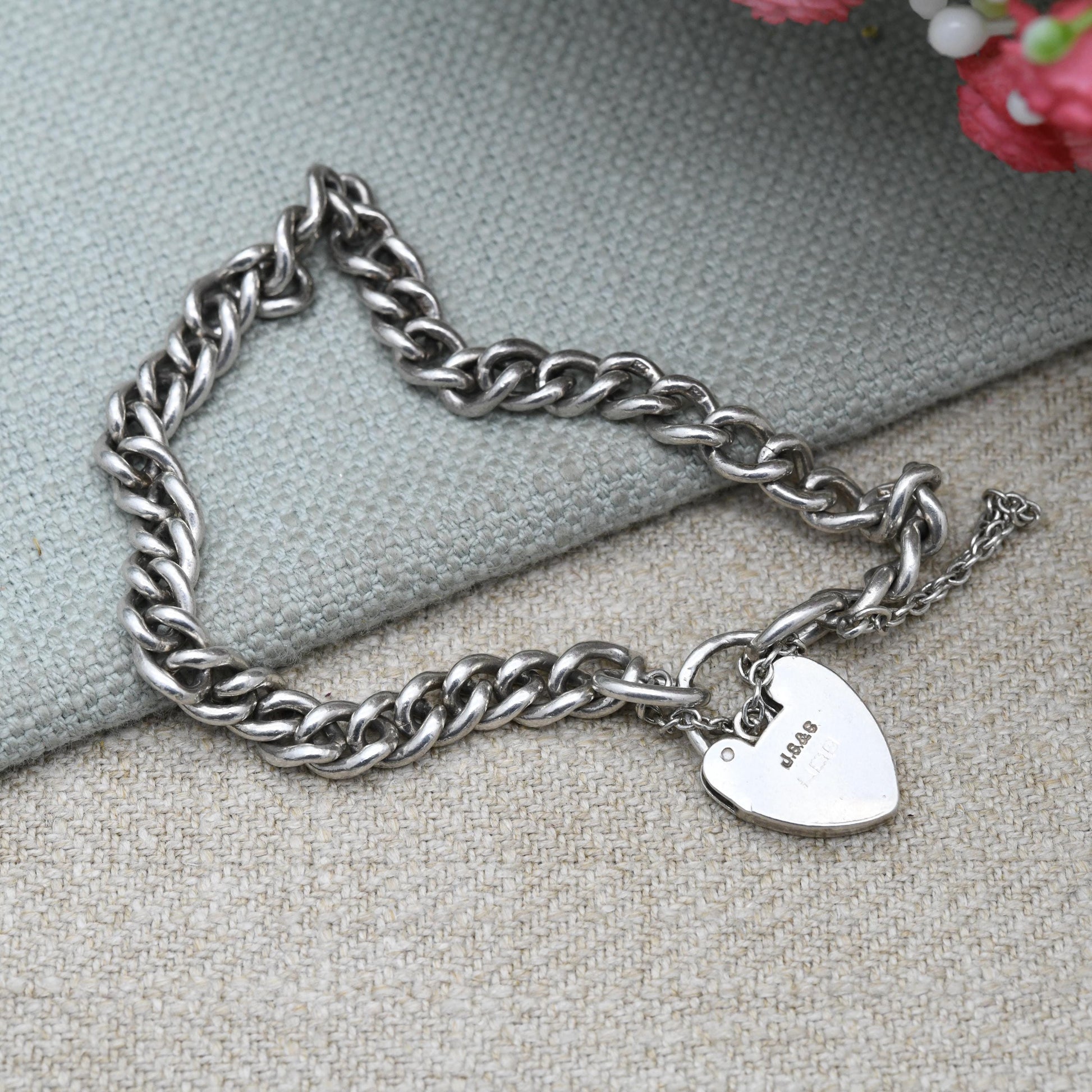Vintage Sterling Silver Heart Padlock Clasp Chain Bracelet - Chunky Curb Links with Safety Chain | UK Hallmarks
