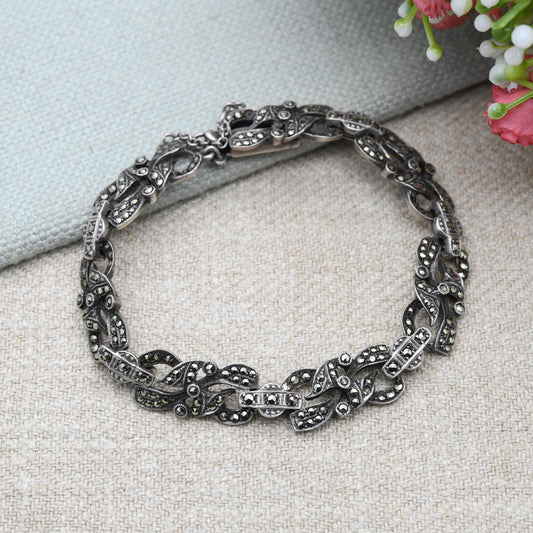 Vintage Sterling Silver Marcasite Panel Link Bracelet - Fancy Dress Chain Link | Beautiful Sparkly Black Stones | Gift for Her