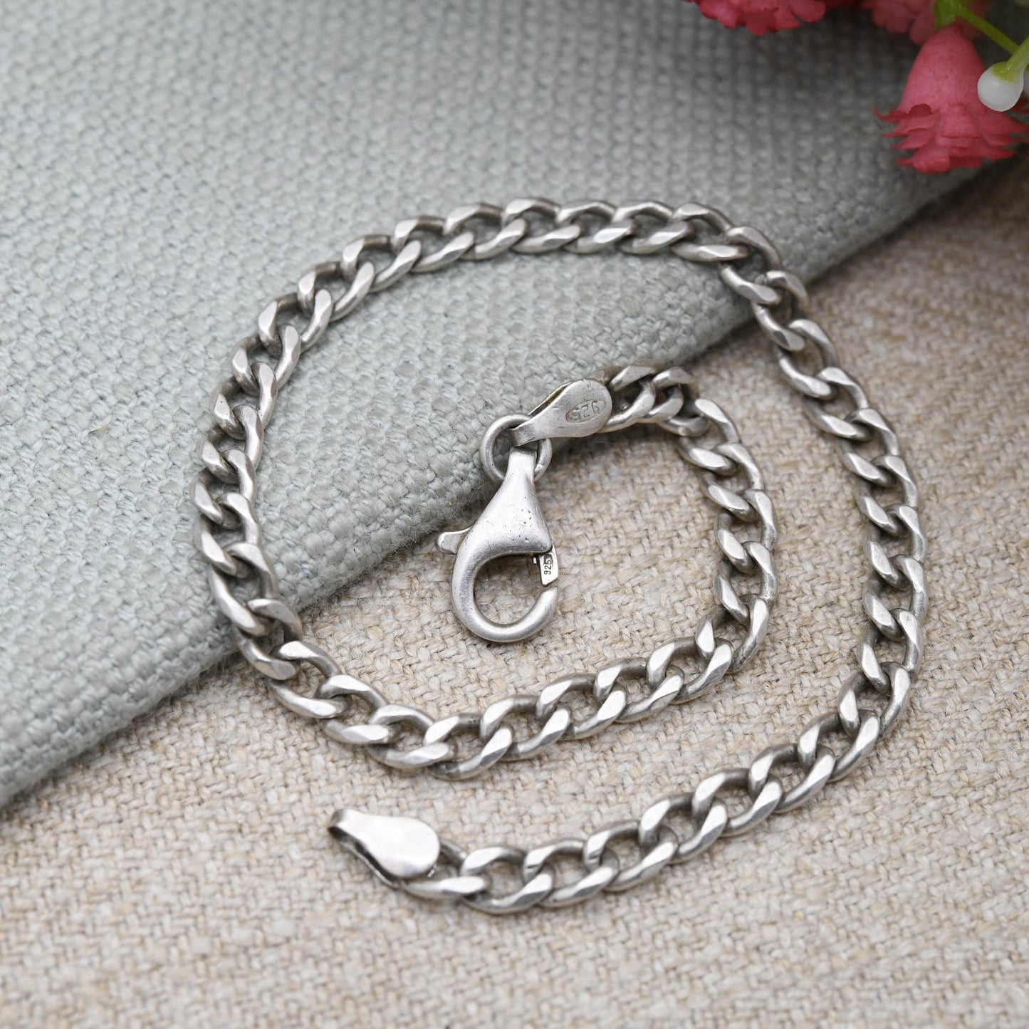 Vintage Sterling Silver Chain Bracelet - Flat Curb Links | Charm Bracelet | Gift for Him | Gift for Her