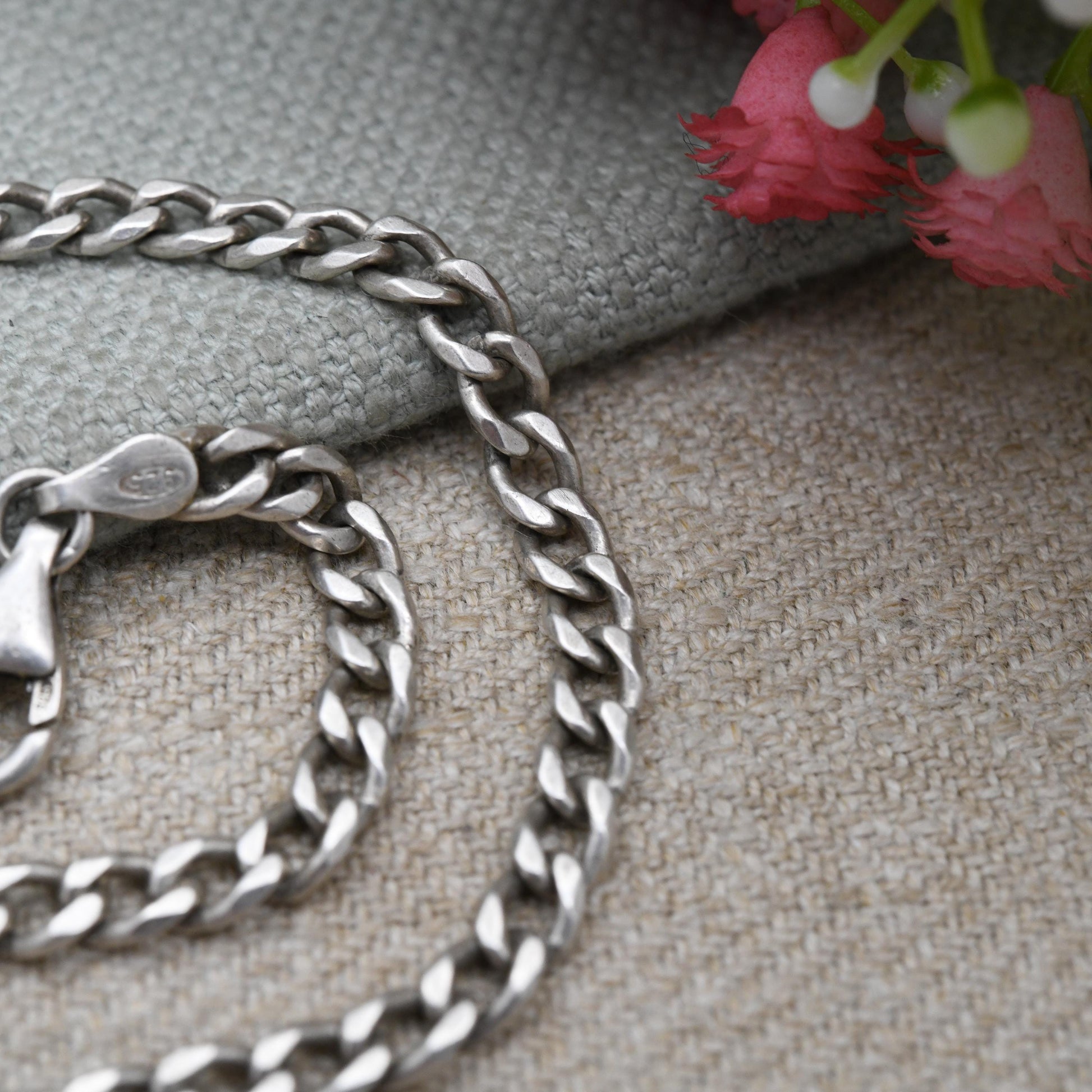 Vintage Sterling Silver Chain Bracelet - Flat Curb Links | Charm Bracelet | Gift for Him | Gift for Her