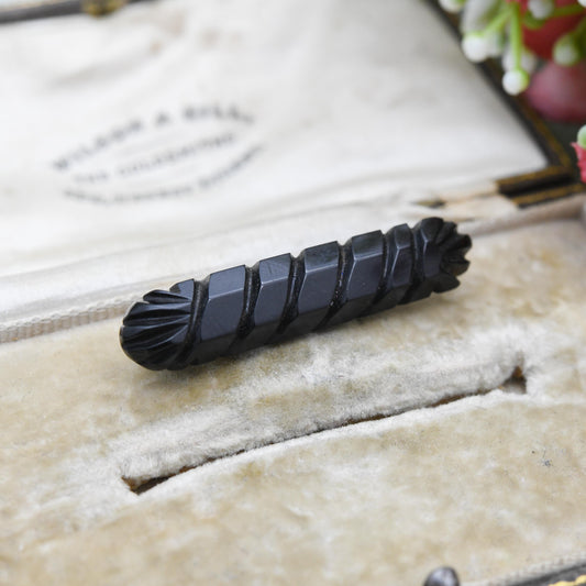 Antique Victorian Jet Bar Brooch - Hand Carved Mourning Jewellery | Unisex Lapel Pin | c. 1880 Collectable
