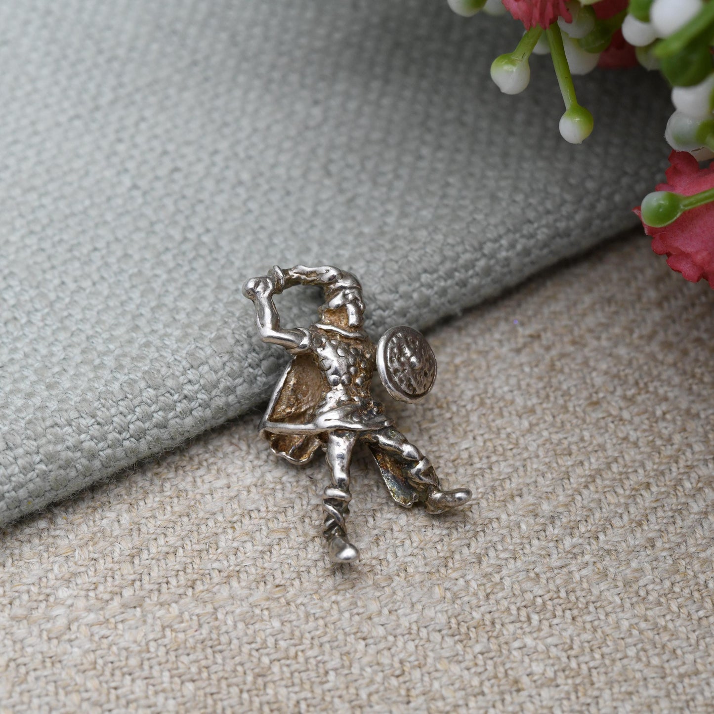 Vintage Silver Celtic Knight Charm Pendant - Viking Warrior | Gaul | Fighting Man with Sword and Shield | Gift for Charm Bracelet Necklace