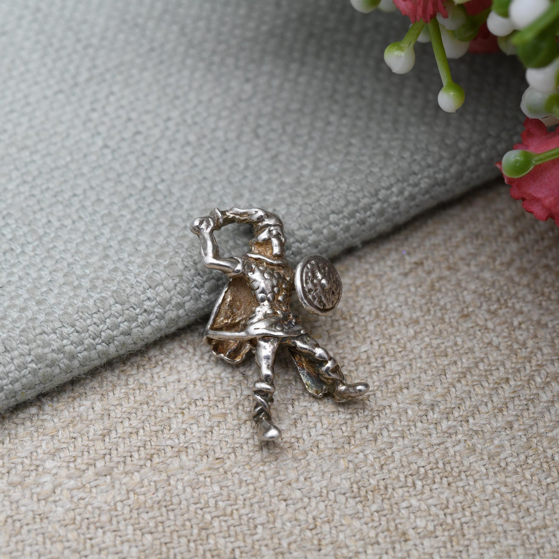 Vintage Silver Celtic Knight Charm Pendant - Viking Warrior | Gaul | Fighting Man with Sword and Shield | Gift for Charm Bracelet Necklace