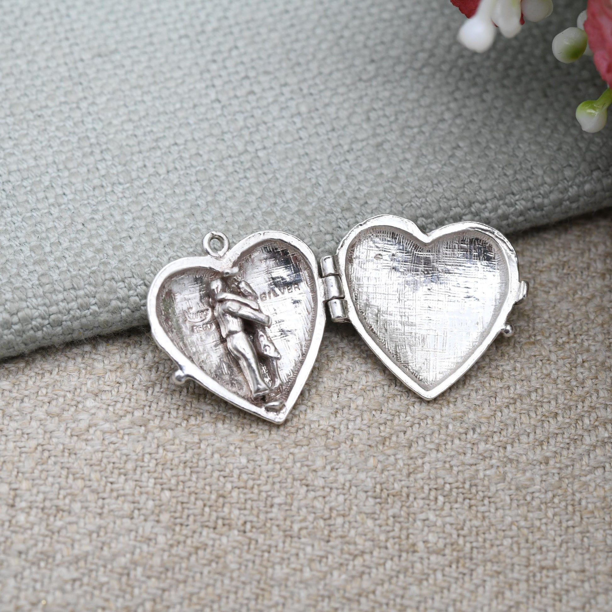 Vintage Nuvo Sterling Silver Heart Opening Locket Pendant with Loving Couple Figures Inside - Gift for Her | Charm Necklace Stack