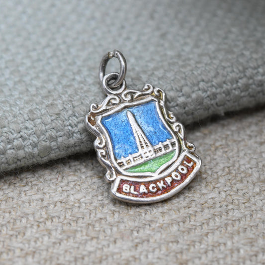Vintage Sterling Silver Enamel Blackpool Souvenir Shield Charm Pendant - England | Lancashire | Tourist | Souvenir Gift for Charm Bracelet