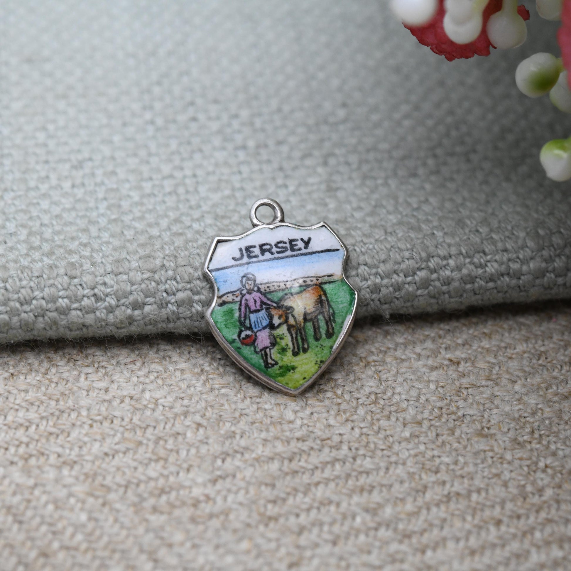 Vintage Sterling Silver Jersey Enamel Souvenir Shield Charm Pendant - England | Tourist | Souvenir Gift for Charm Bracelet