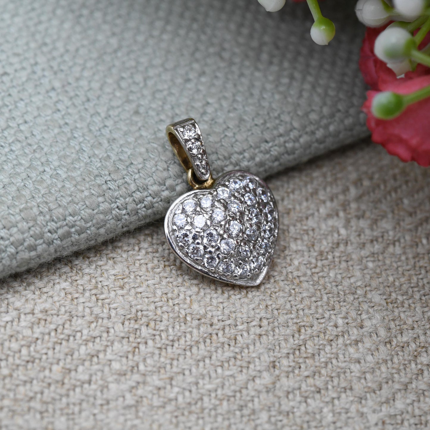 Vintage 9ct Gold Heart Pendant with Clear Stones CZ - Love Heart Charm | Gift for Her Necklace Stack