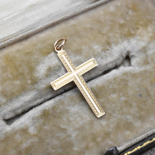 Antique 9ct Gold Cross Pendant with Pretty Geometric Border Pattern - Christian Religious Necklace Gift for Christening Baptism