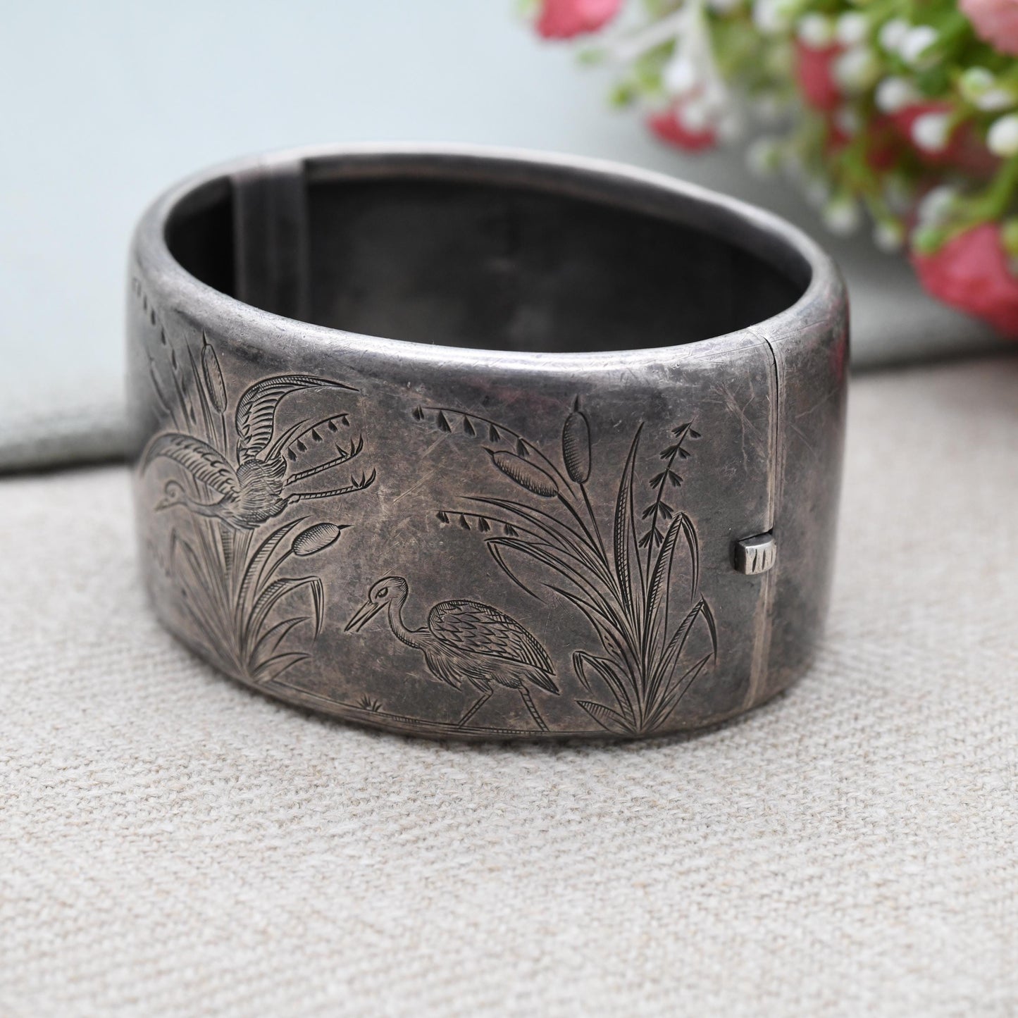 Antique Victorian Sterling Silver Aesthetic Bangle with Heron and Reed Design 1891