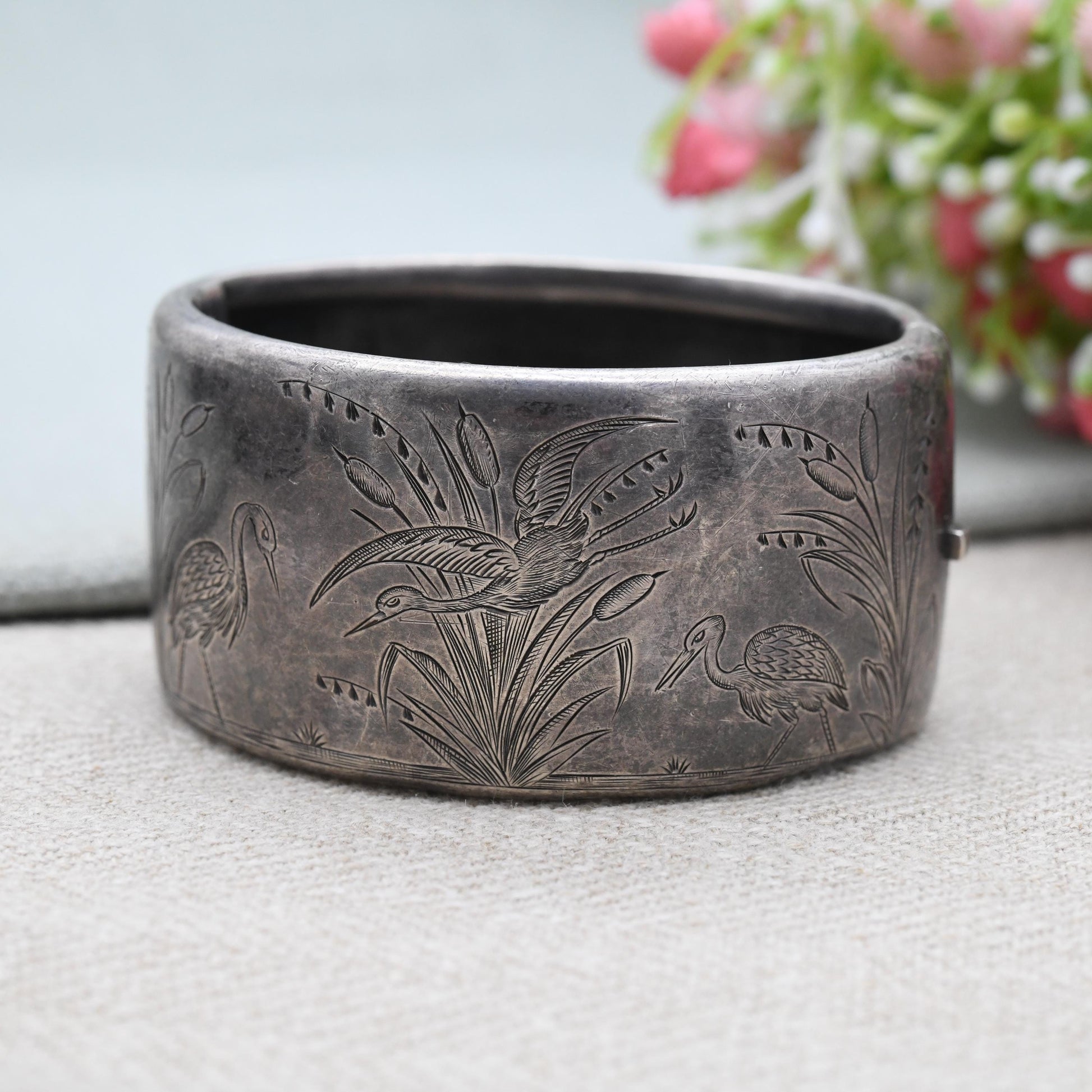 Antique Victorian Sterling Silver Aesthetic Bangle with Heron and Reed Design 1891