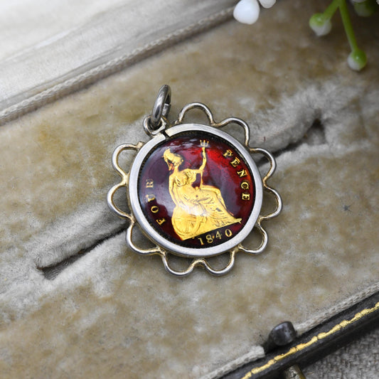 Antique 1840 Victoria Four Pence Coin Charm Pendant Sterling Silver Enamelled Britannia Groat - Gold Plated Coin Jewellery 4 Penny
