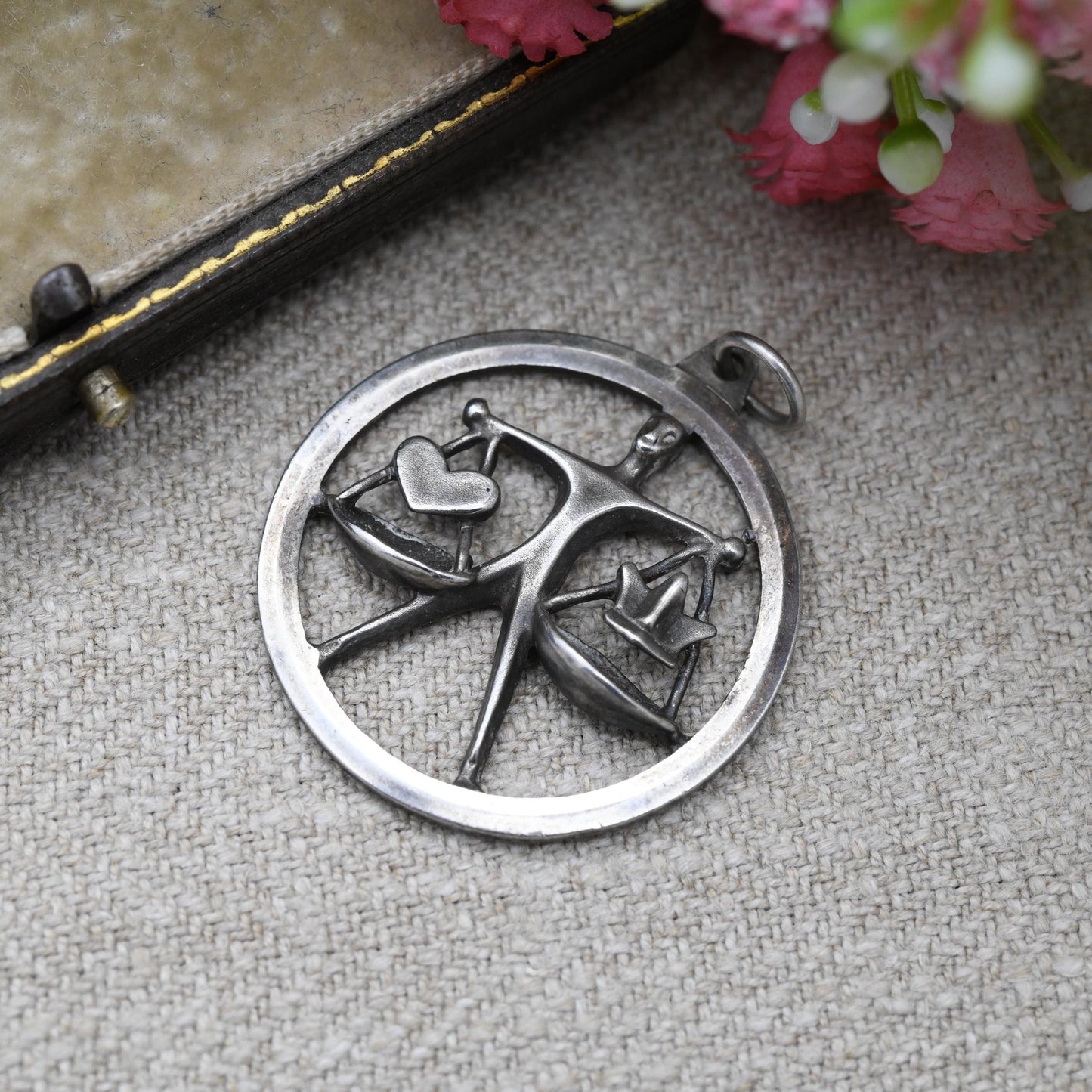 Vintage Sterling Silver Libra Scales Pendant by Fred Manshaw FM - Man Weighing Heart and Crown | Love or Loyalty