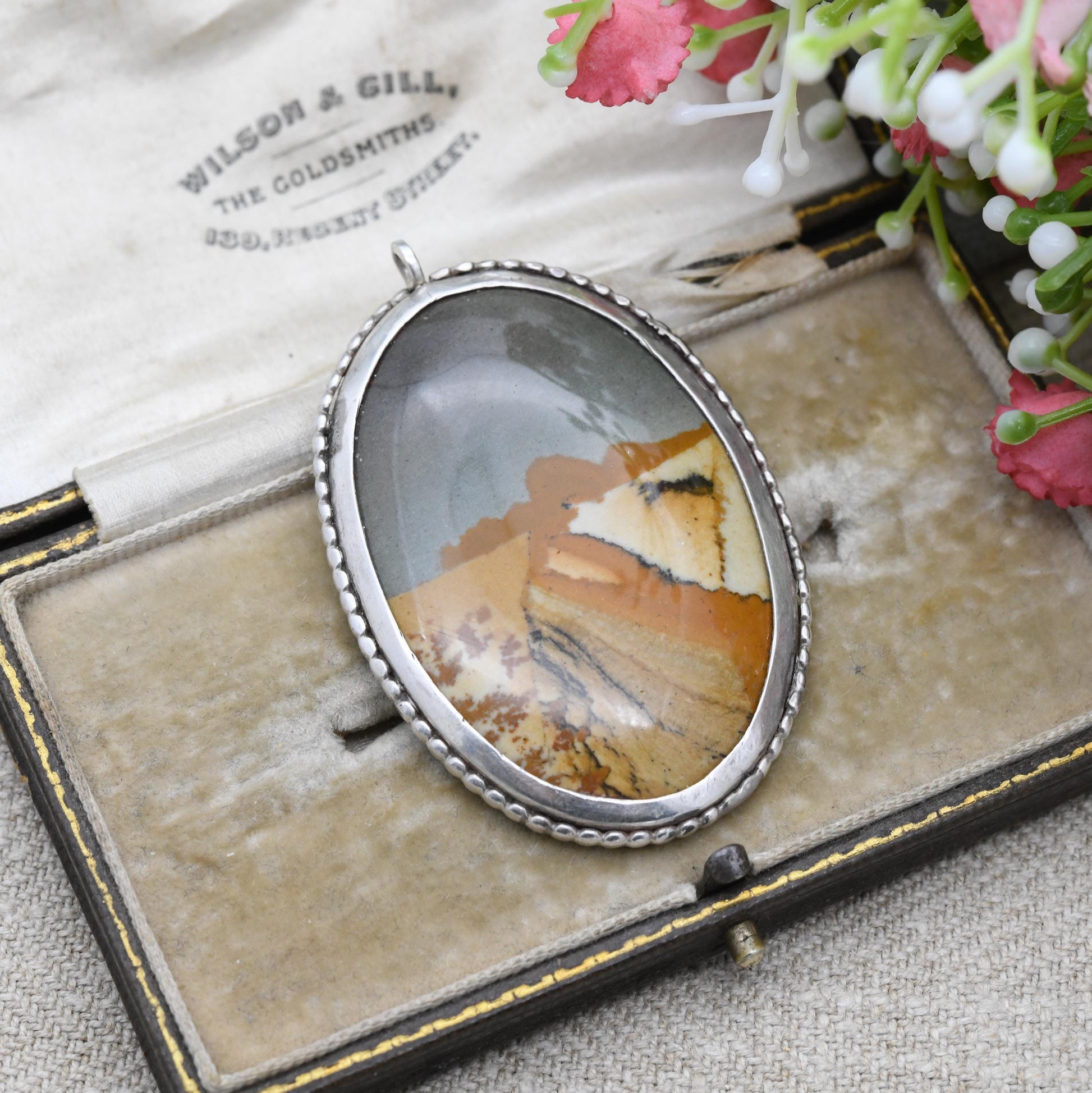 Vintage Owyhee Picture Jasper Pendant in Silver Mount - Large Oval Desert Scene Gemstone