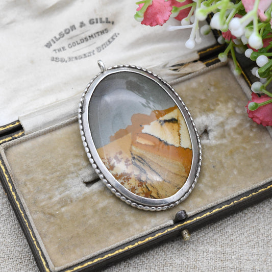 Vintage Owyhee Picture Jasper Pendant in Silver Mount - Large Oval Desert Scene Gemstone
