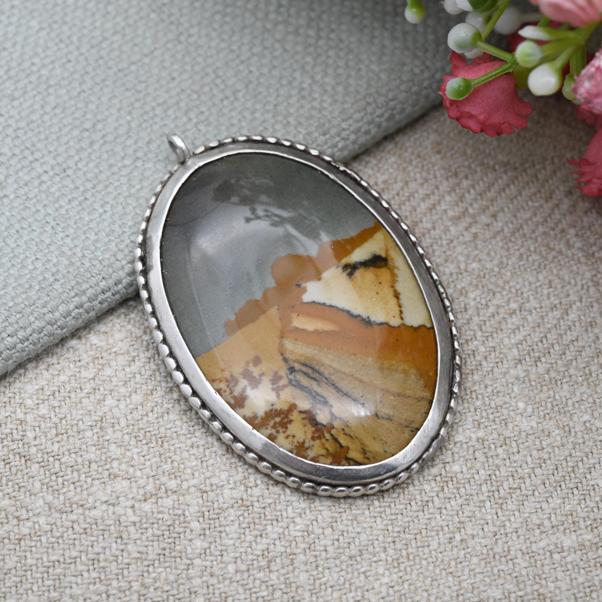 Vintage Owyhee Picture Jasper Pendant in Silver Mount - Large Oval Desert Scene Gemstone