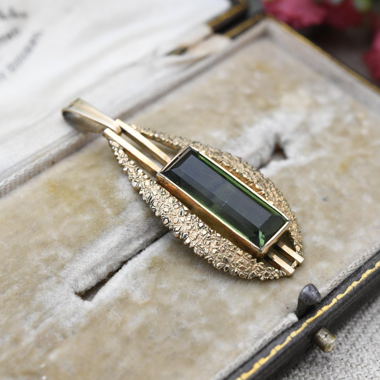 Vintage Kollmar & Jourdan Rolled Gold Pendant KJ c. 1960s - Mid-Century Large Green Stone | German Designer