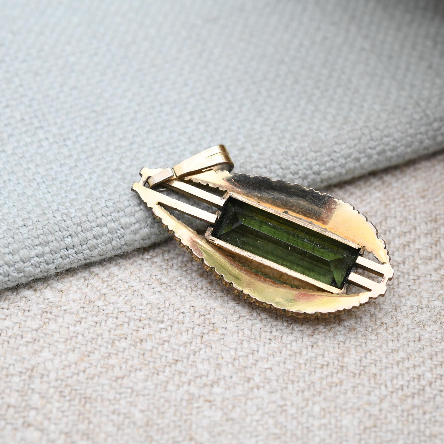 Vintage Kollmar & Jourdan Rolled Gold Pendant KJ c. 1960s - Mid-Century Large Green Stone | German Designer