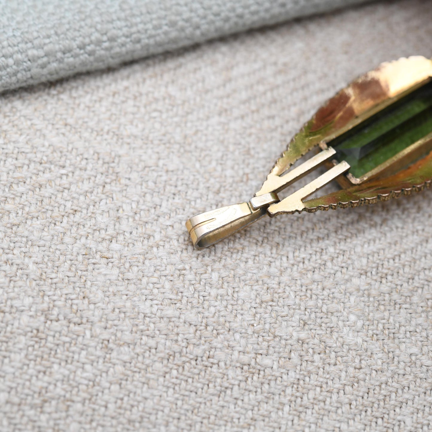 Vintage Kollmar & Jourdan Rolled Gold Pendant KJ c. 1960s - Mid-Century Large Green Stone | German Designer