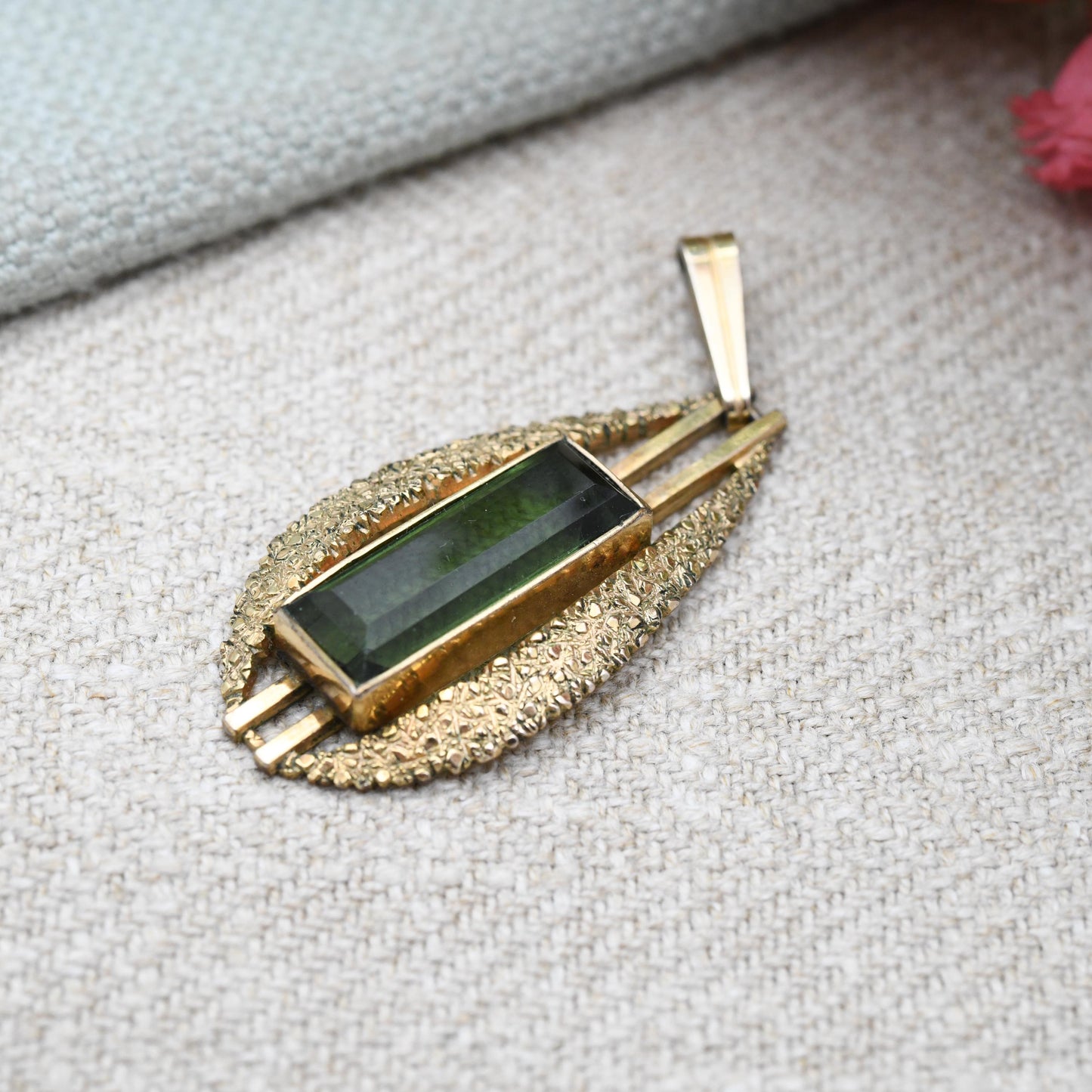 Vintage Kollmar & Jourdan Rolled Gold Pendant KJ c. 1960s - Mid-Century Large Green Stone | German Designer