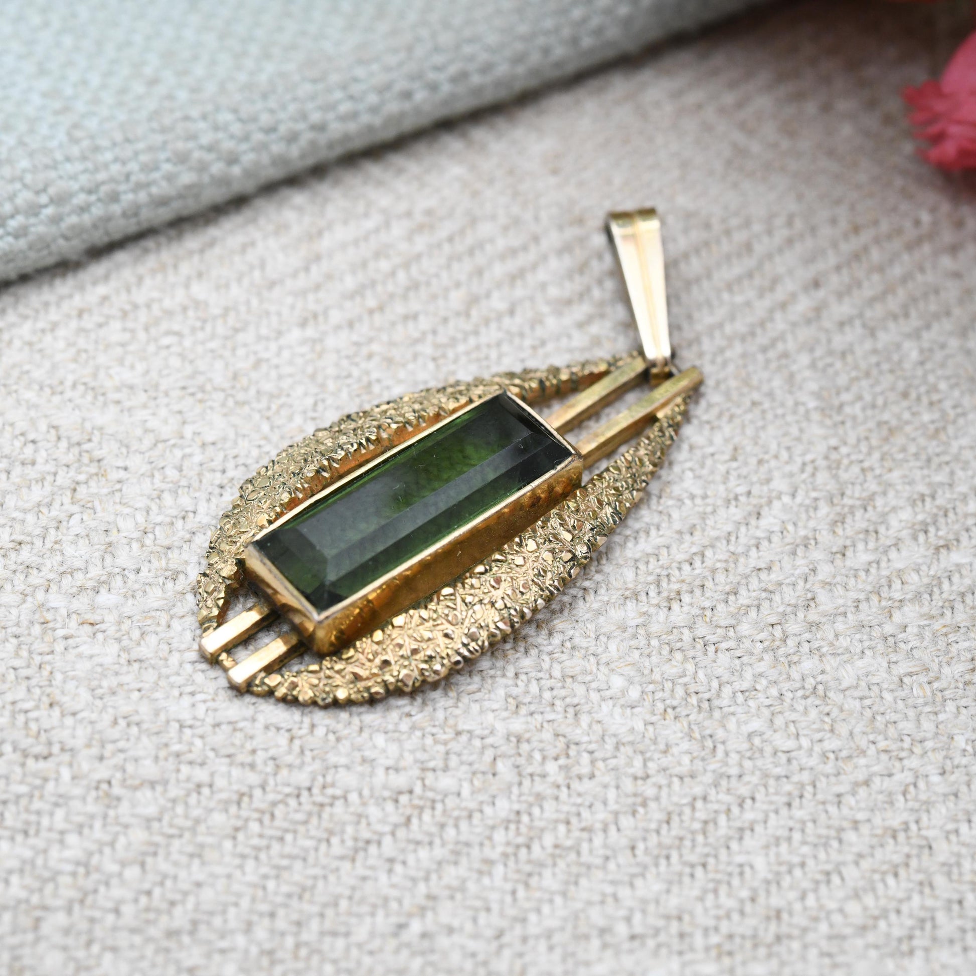 Vintage Kollmar & Jourdan Rolled Gold Pendant KJ c. 1960s - Mid-Century Large Green Stone | German Designer