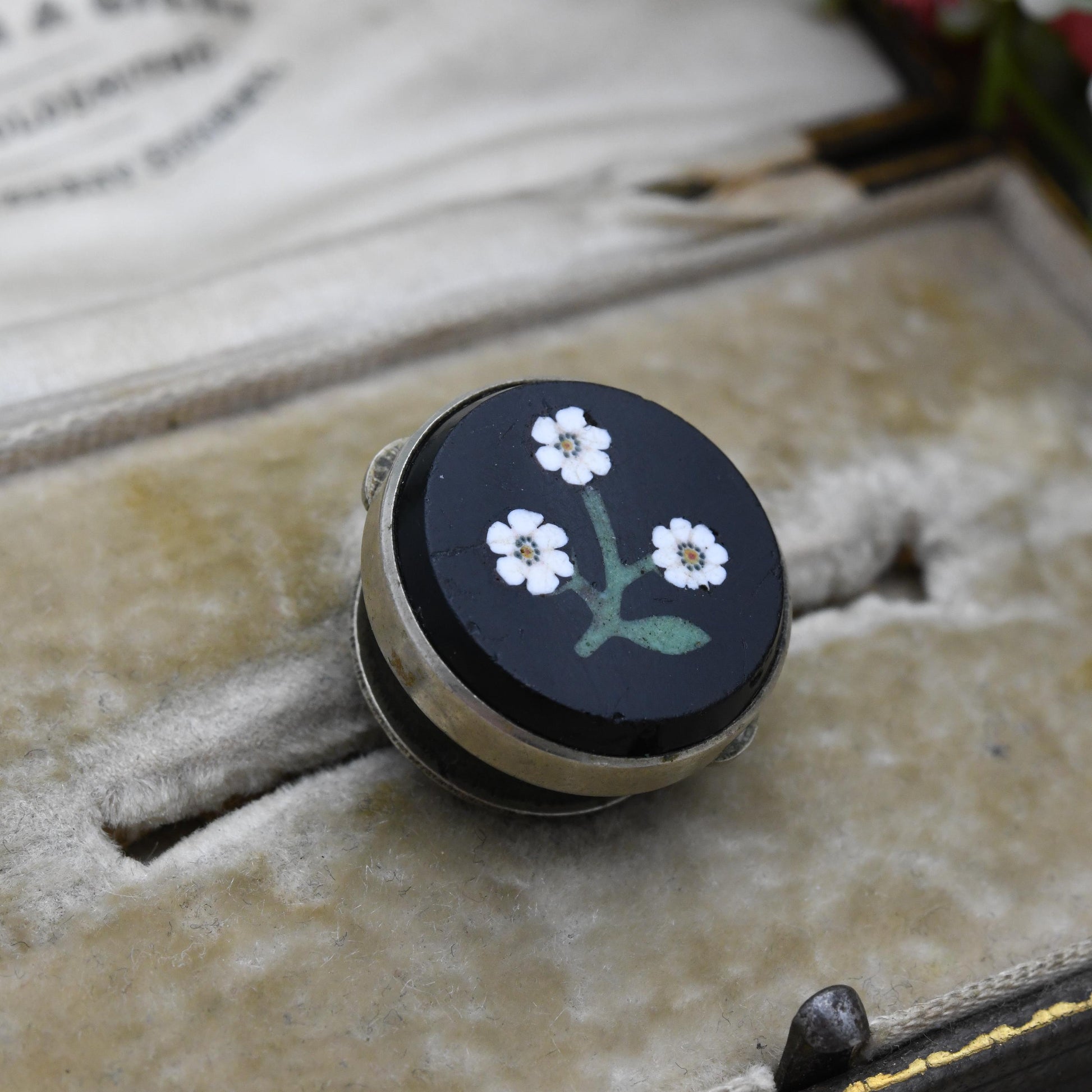 Antique Victorian Pietra Dura Button George West's Patent c. 1870 to 1890 - Solitaire Spring Fastener Bachelor Button Hardstone Inlay Mosaic
