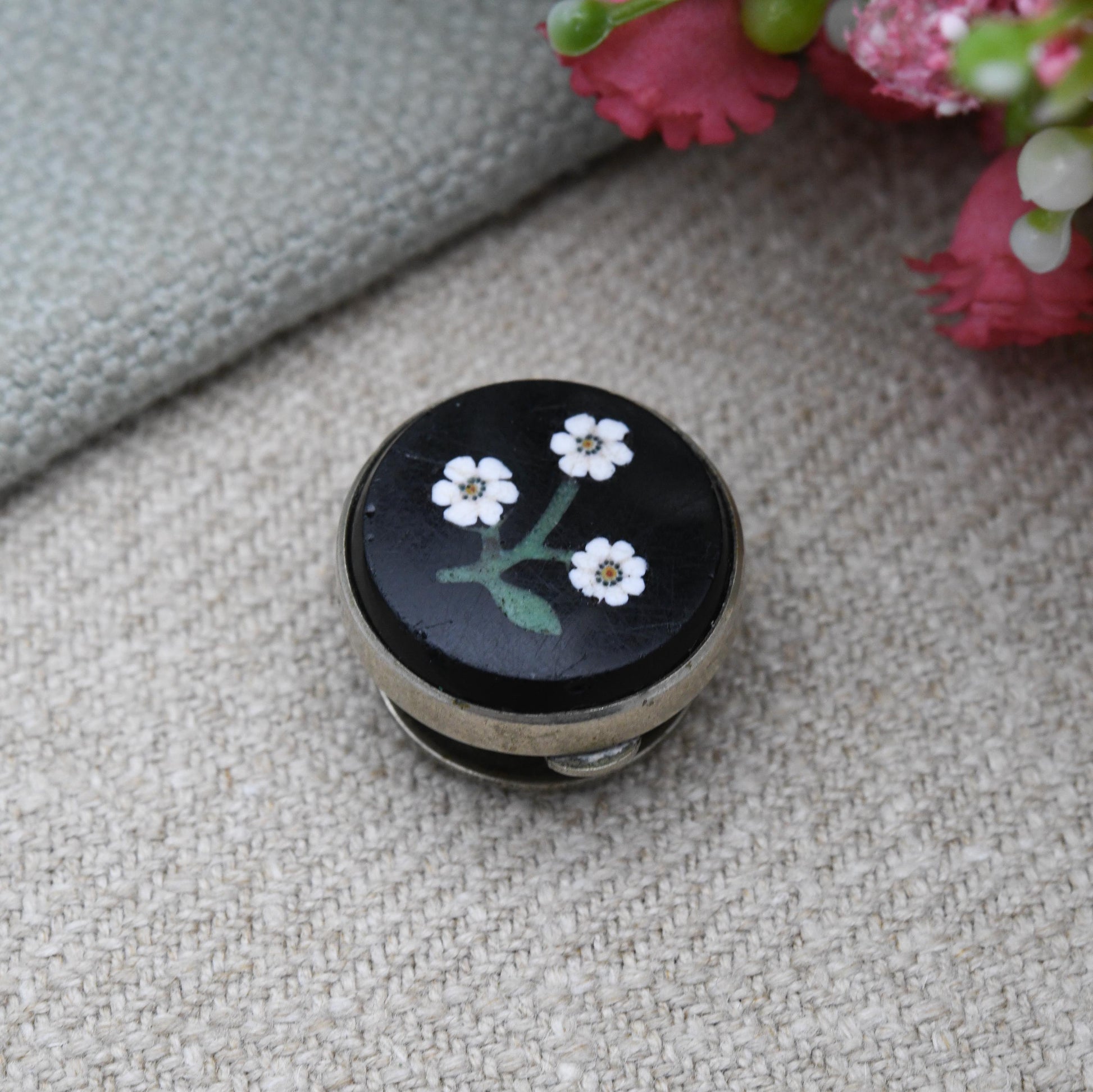Antique Victorian Pietra Dura Button George West's Patent c. 1870 to 1890 - Solitaire Spring Fastener Bachelor Button Hardstone Inlay Mosaic