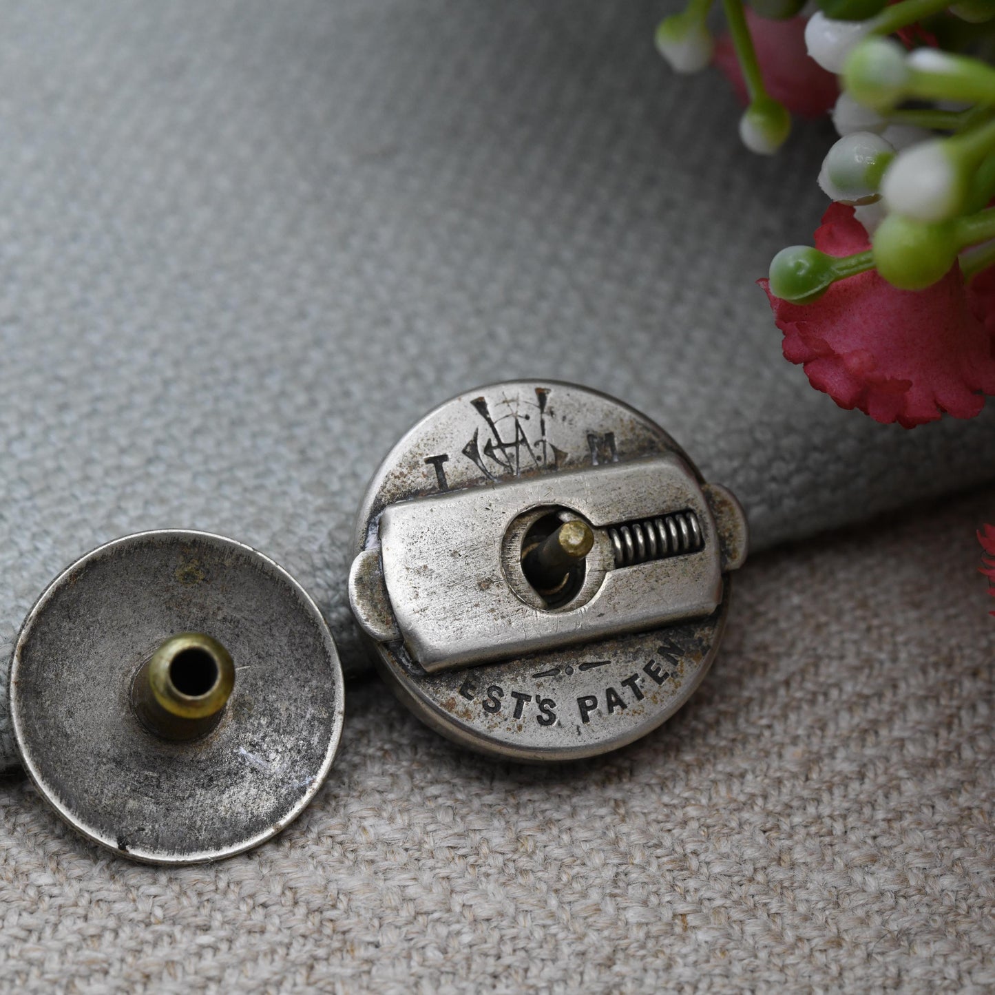 Antique Victorian Pietra Dura Button George West's Patent c. 1870 to 1890 - Solitaire Spring Fastener Bachelor Button Hardstone Inlay Mosaic