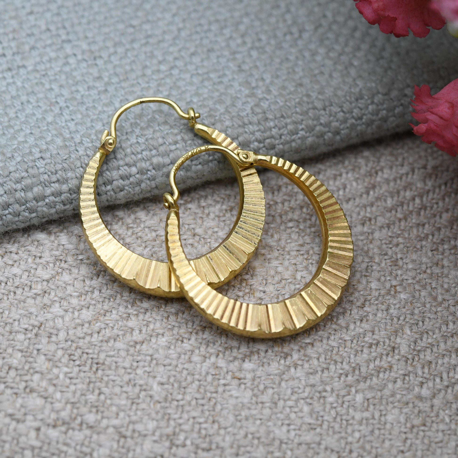 Vintage Amerik Rolled Gold Hoop Earrings by Kordes and Lichtenfels K&L c. 1960s - Textured Hoops | 20th Century Yellow Gold Tone Jewellery