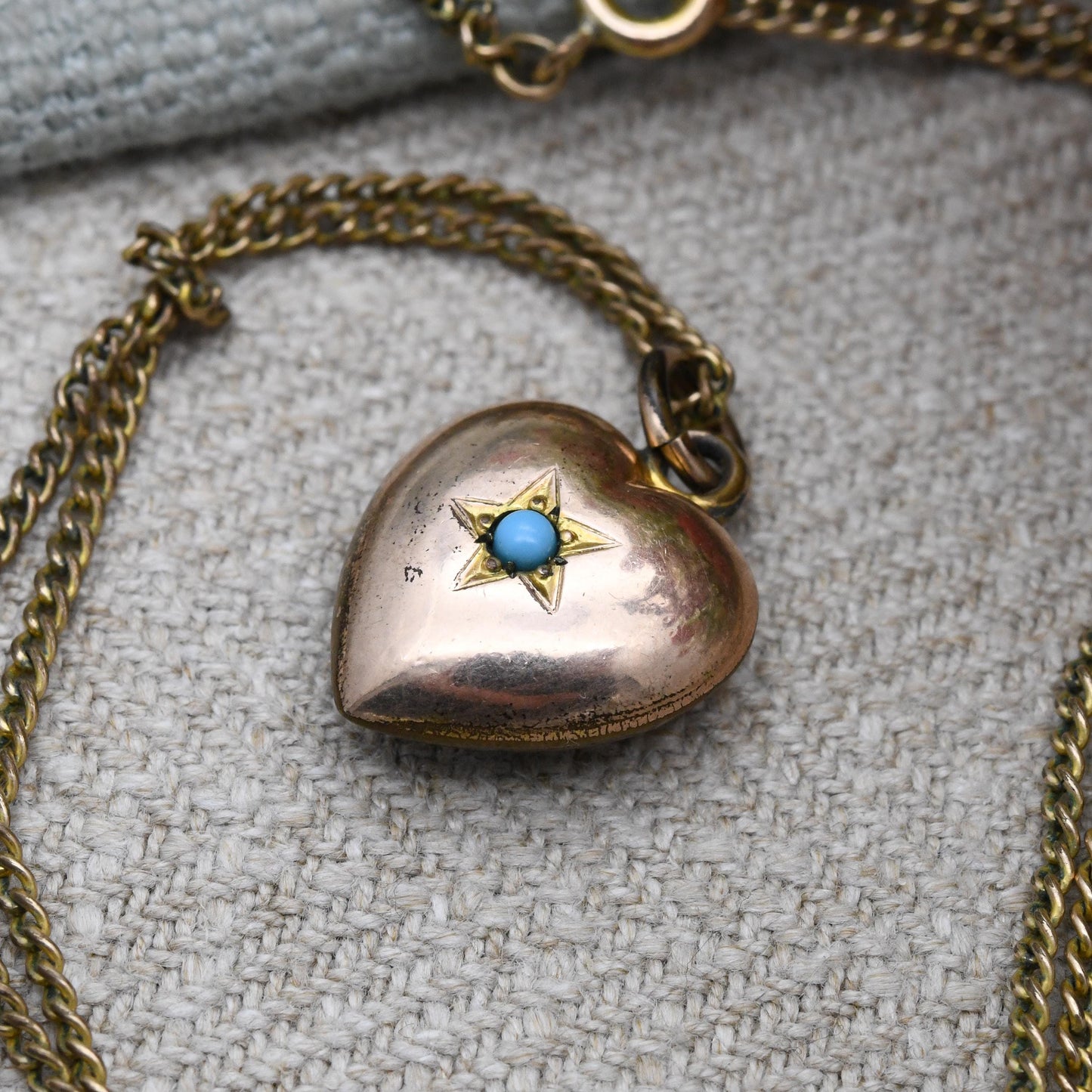 Antique Rolled Gold Puffed Heart Pendant Necklace with Faux Turquoise