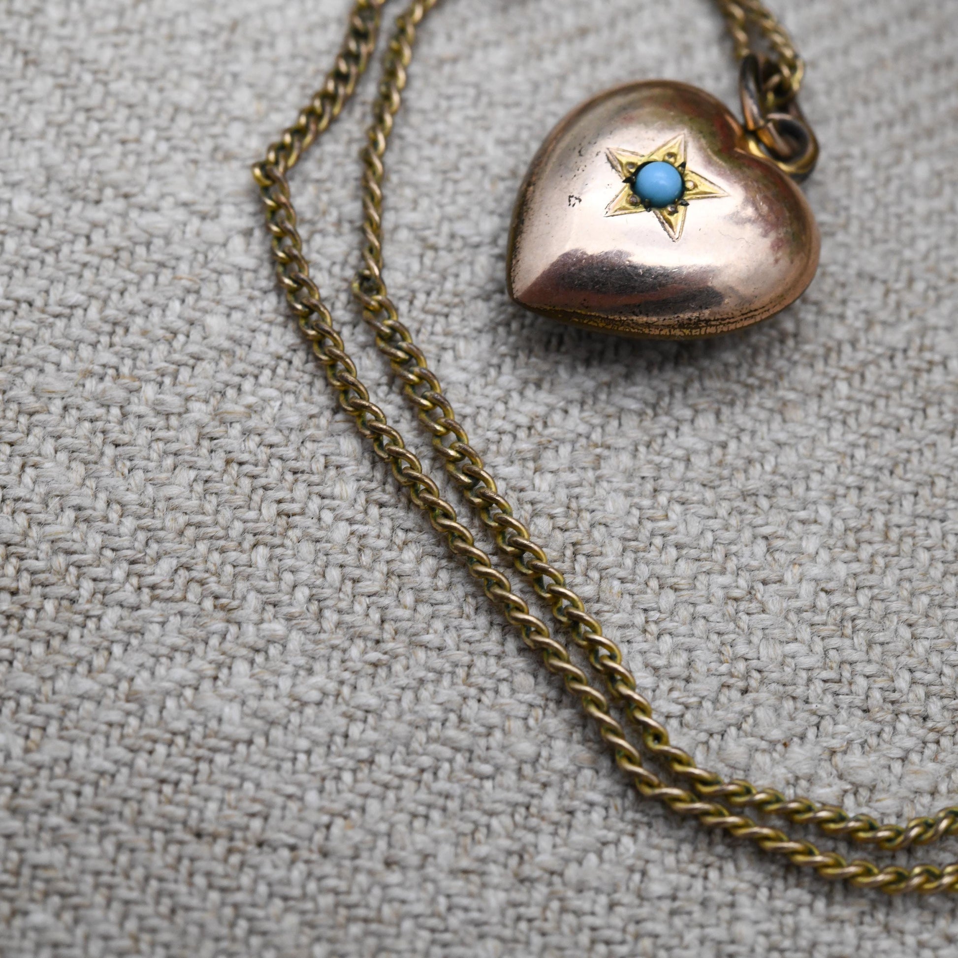 Antique Rolled Gold Puffed Heart Pendant Necklace with Faux Turquoise