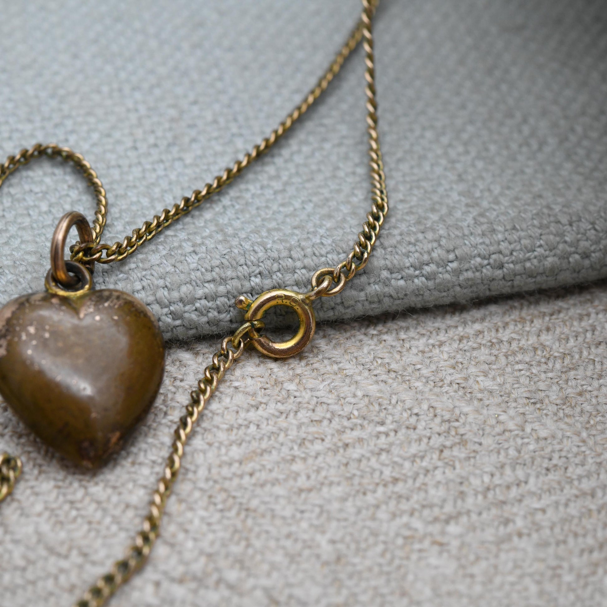 Antique Rolled Gold Puffed Heart Pendant Necklace with Faux Turquoise