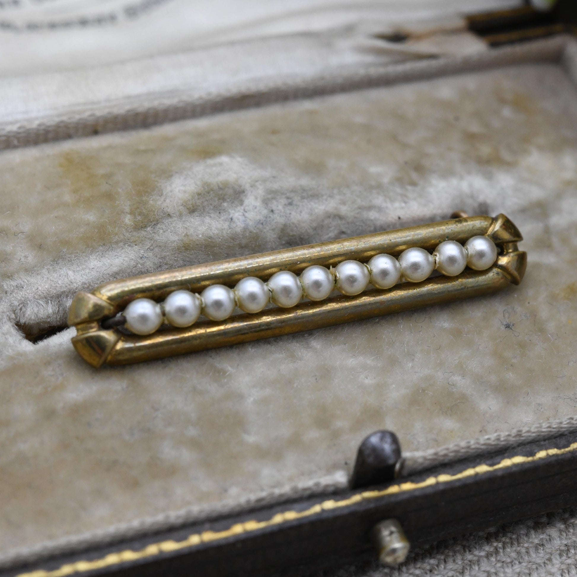 True Vintage Rolled Gold Faux Pearl Bar Brooch c. 1910s to 1930s