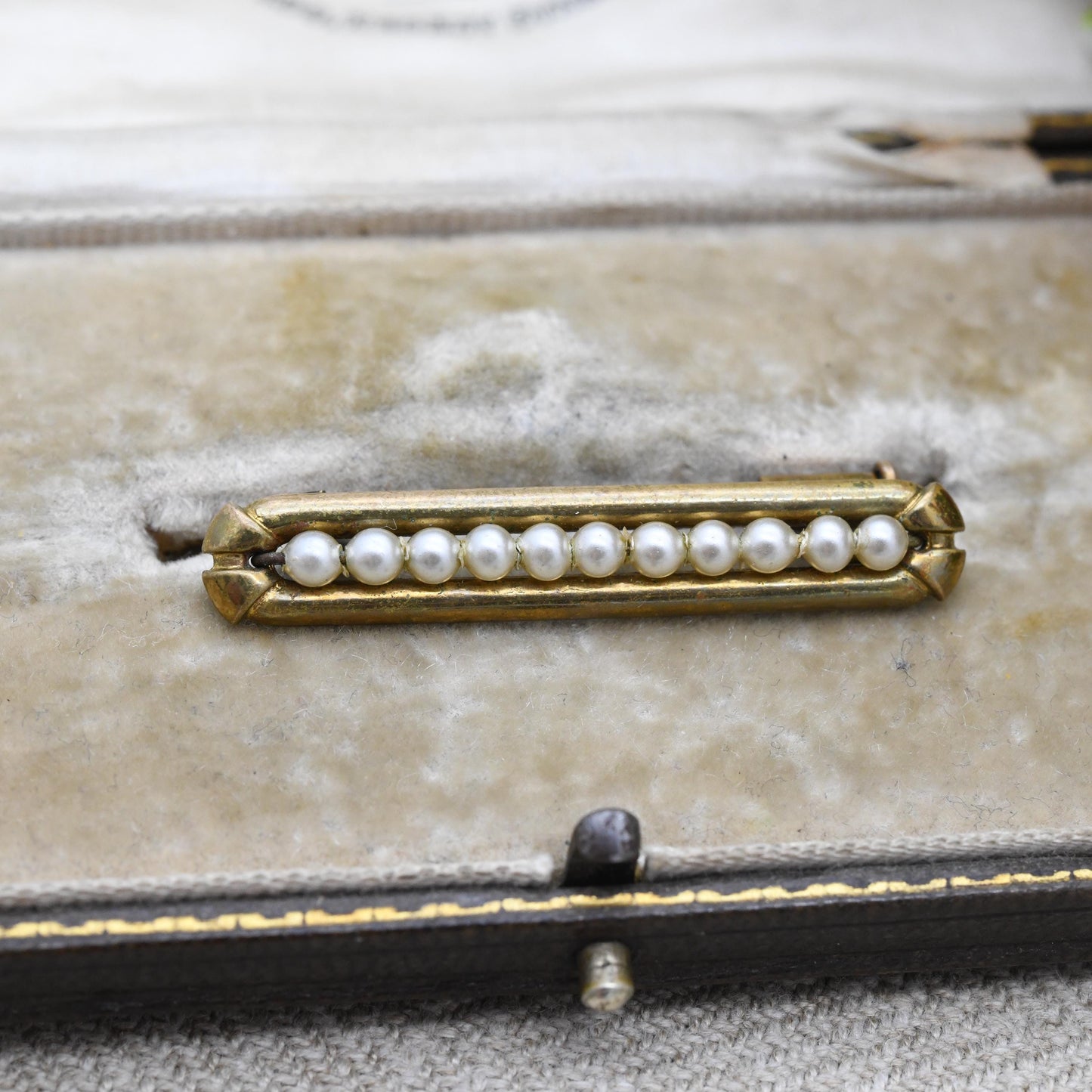 True Vintage Rolled Gold Faux Pearl Bar Brooch c. 1910s to 1930s