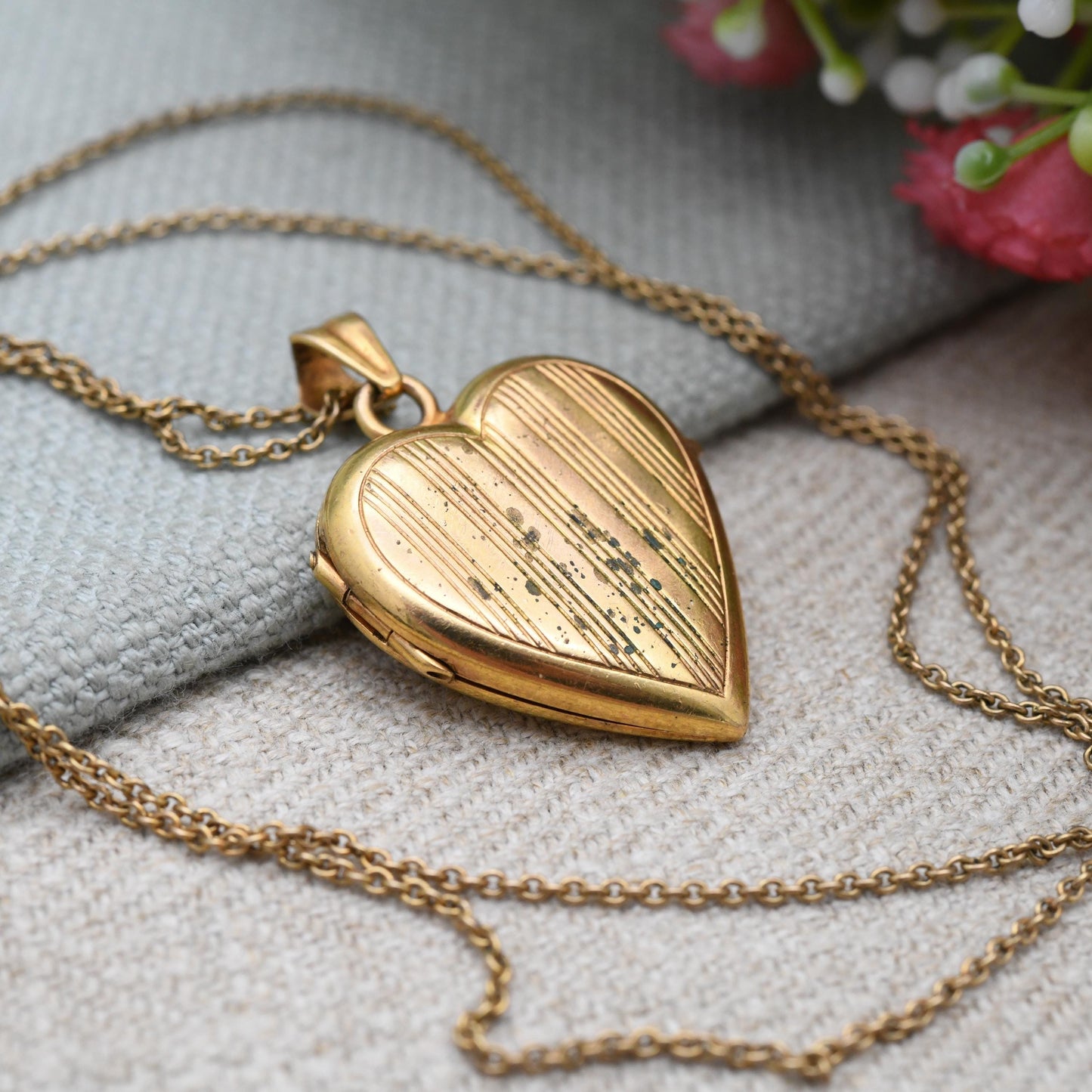 Vintage Rolled Gold Heart Locket Pendant Necklace on Chain by Rodi Wienenberger - Pin Stripe Design