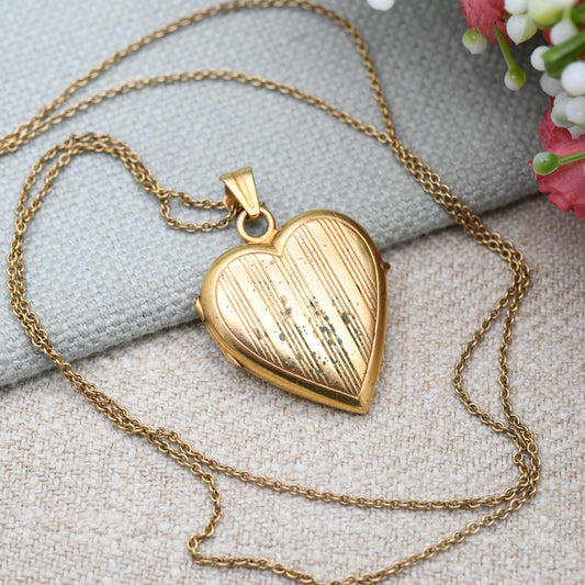 Vintage Rolled Gold Heart Locket Pendant Necklace on Chain by Rodi Wienenberger - Pin Stripe Design