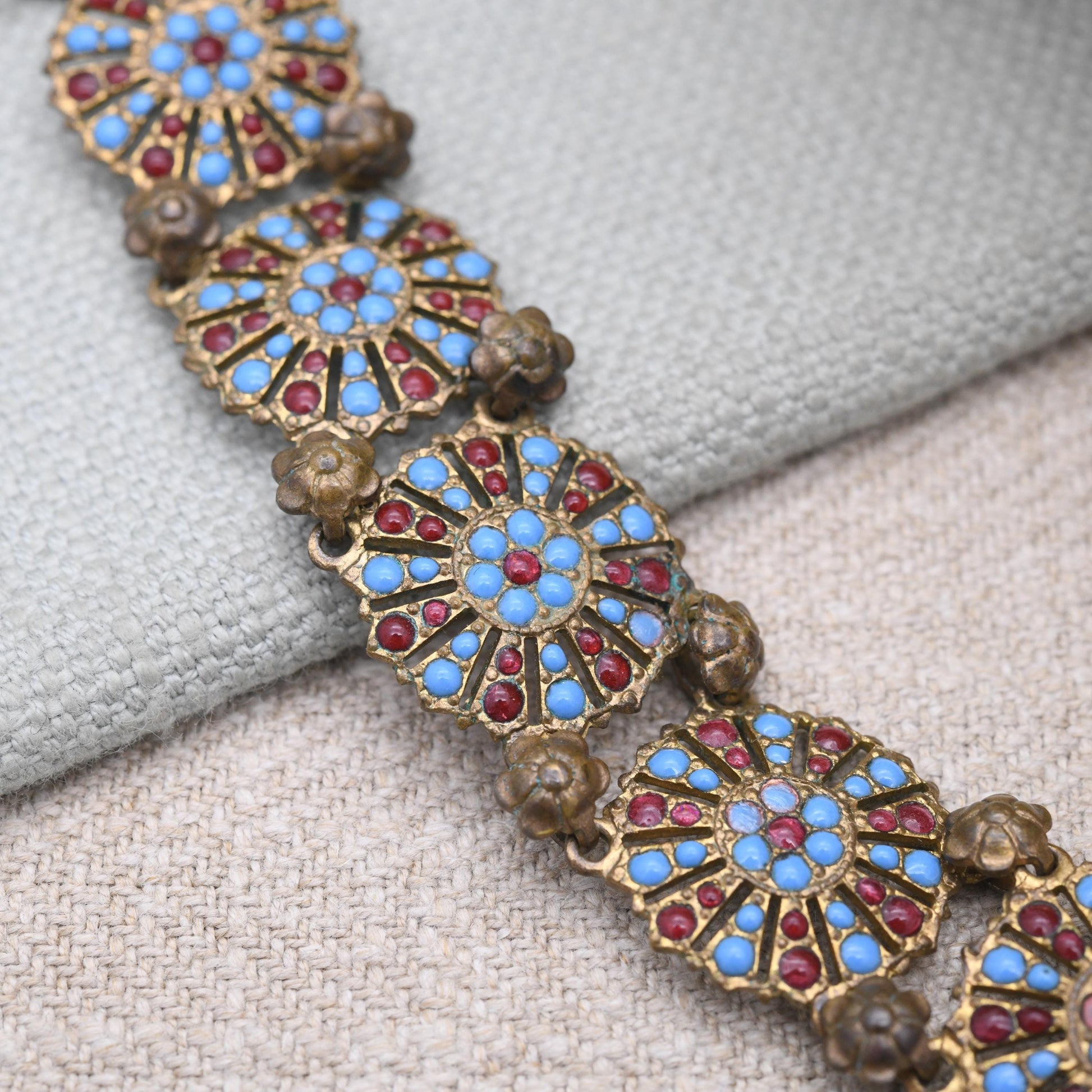 True Vintage Panel Bracelet Faux Turquoise and Imitation Coral c. 1930s