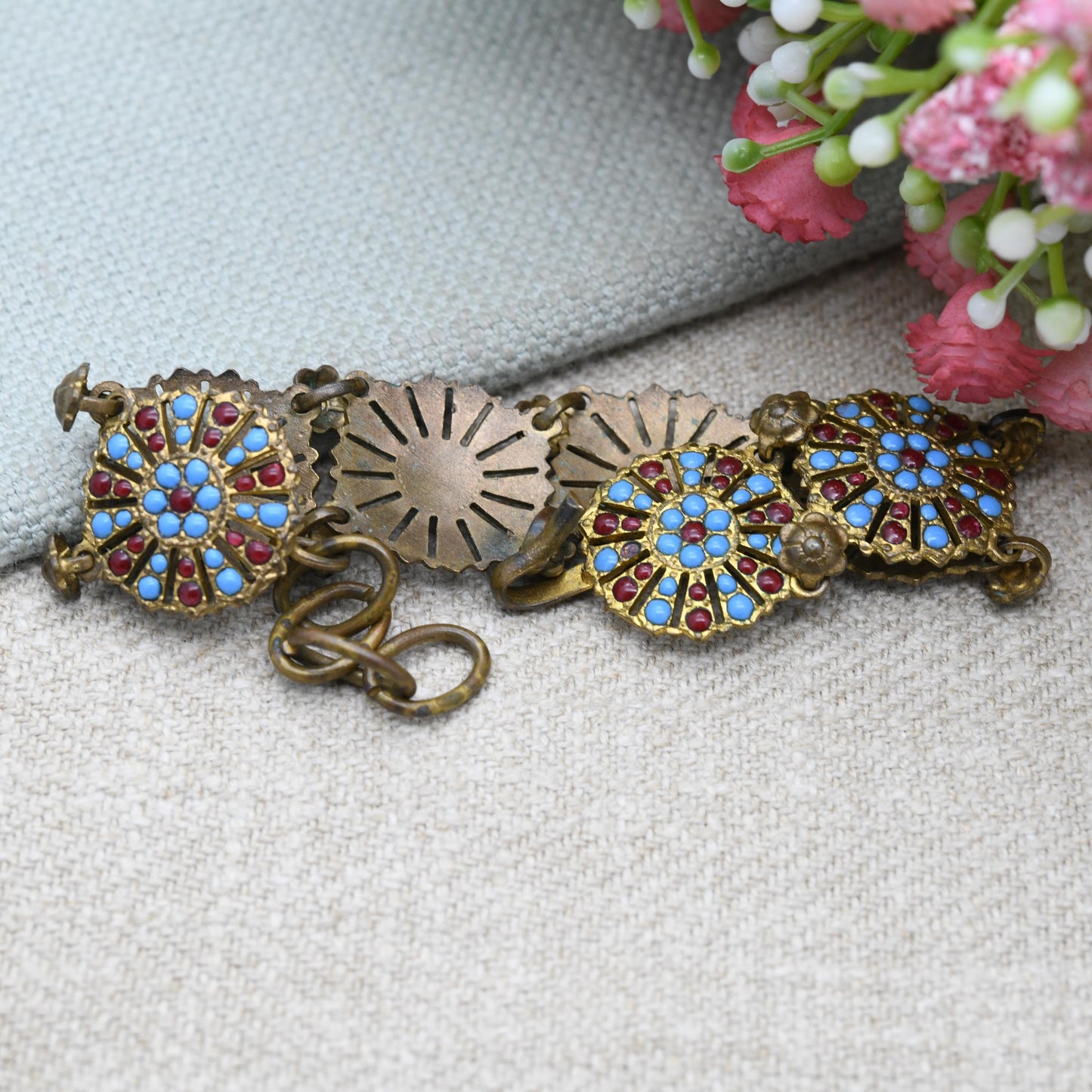 True Vintage Panel Bracelet Faux Turquoise and Imitation Coral c. 1930s