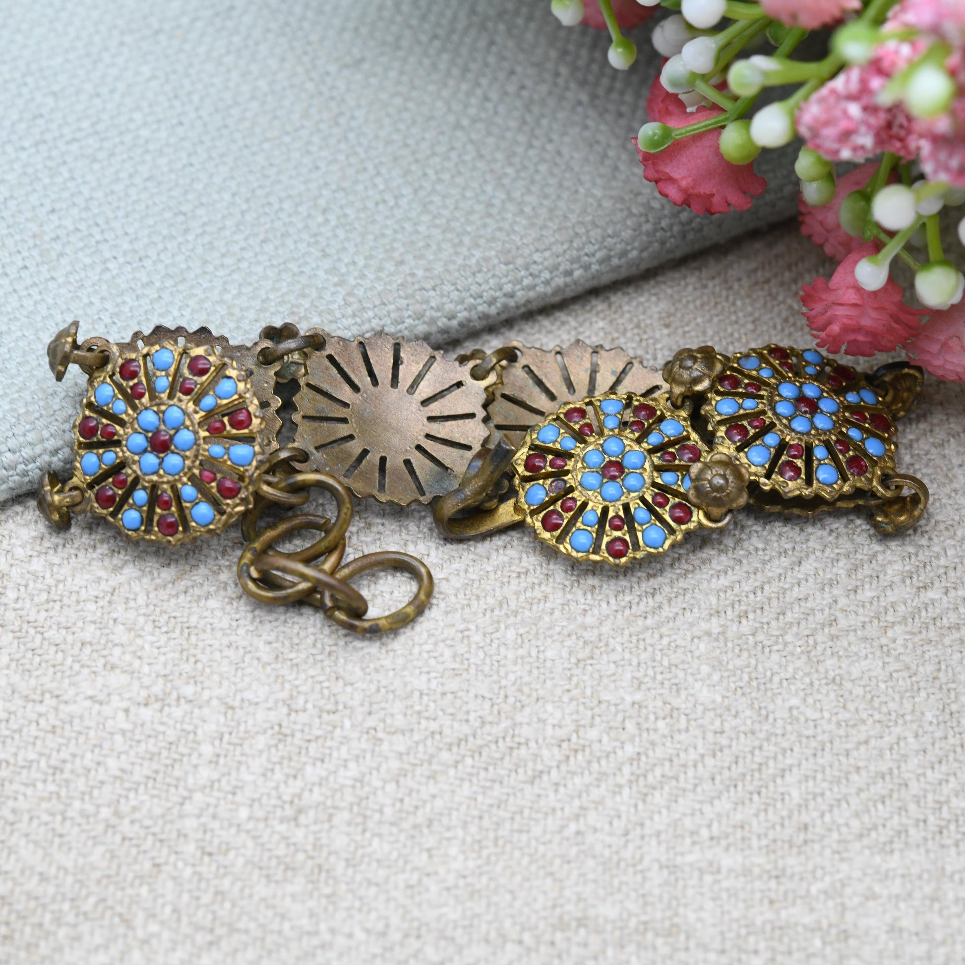 True Vintage Panel Bracelet Faux Turquoise and Imitation Coral c. 1930s