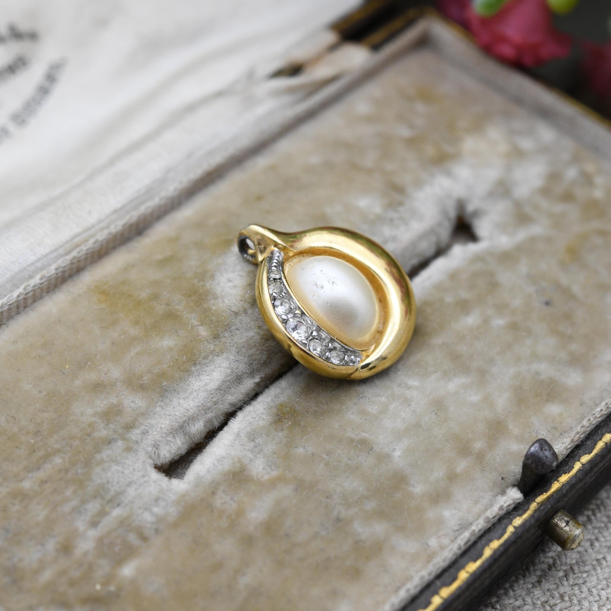 Vintage Trifari Pendant Gold Tone with Faux Pearl and Clear Stone Half Halo c. 1980s